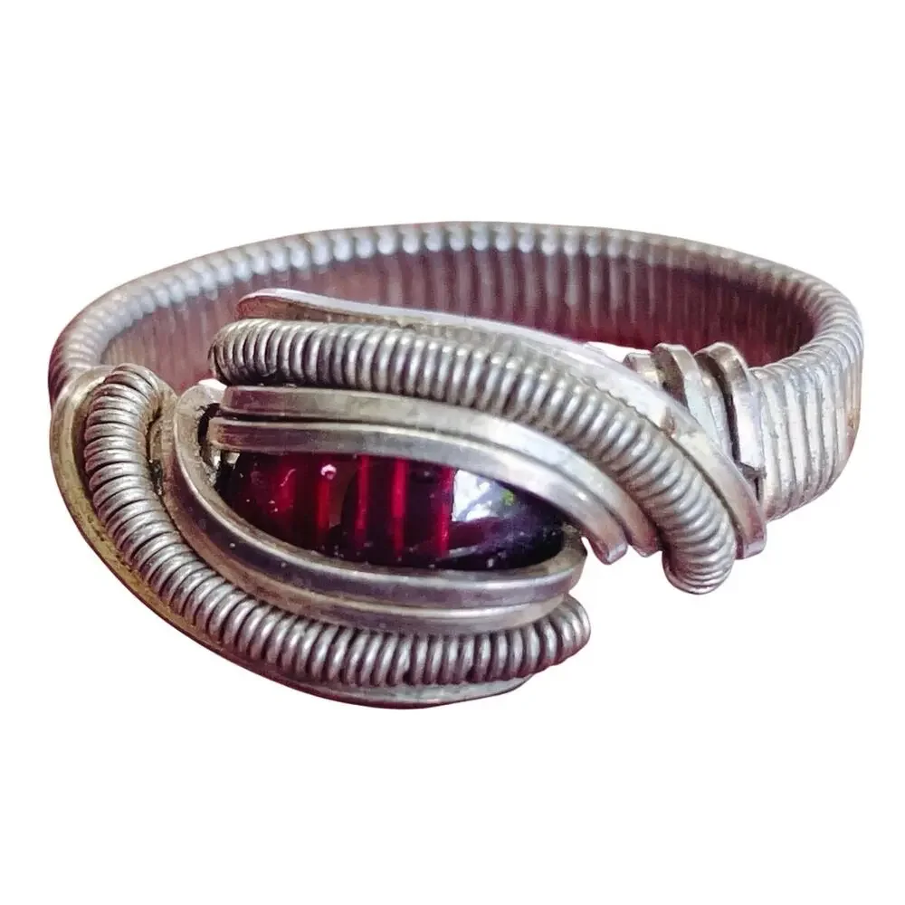 Artisan Wire Wrapped Silver Ring Red Glass Cabochon Y2K Boho Fantasy Style